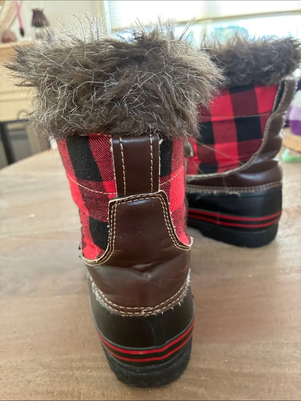 Natural Reflections Red and Black Buffalo Plaid Faux Fur Winter Rain Boots
